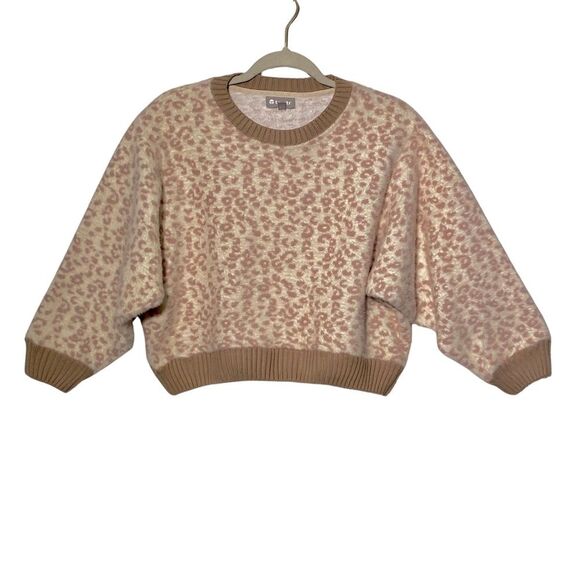 Tractr Sweaters - Tractr Beige Leopard Fuzzy Knit Cropped Sweater Balloon Sleeve Women's M